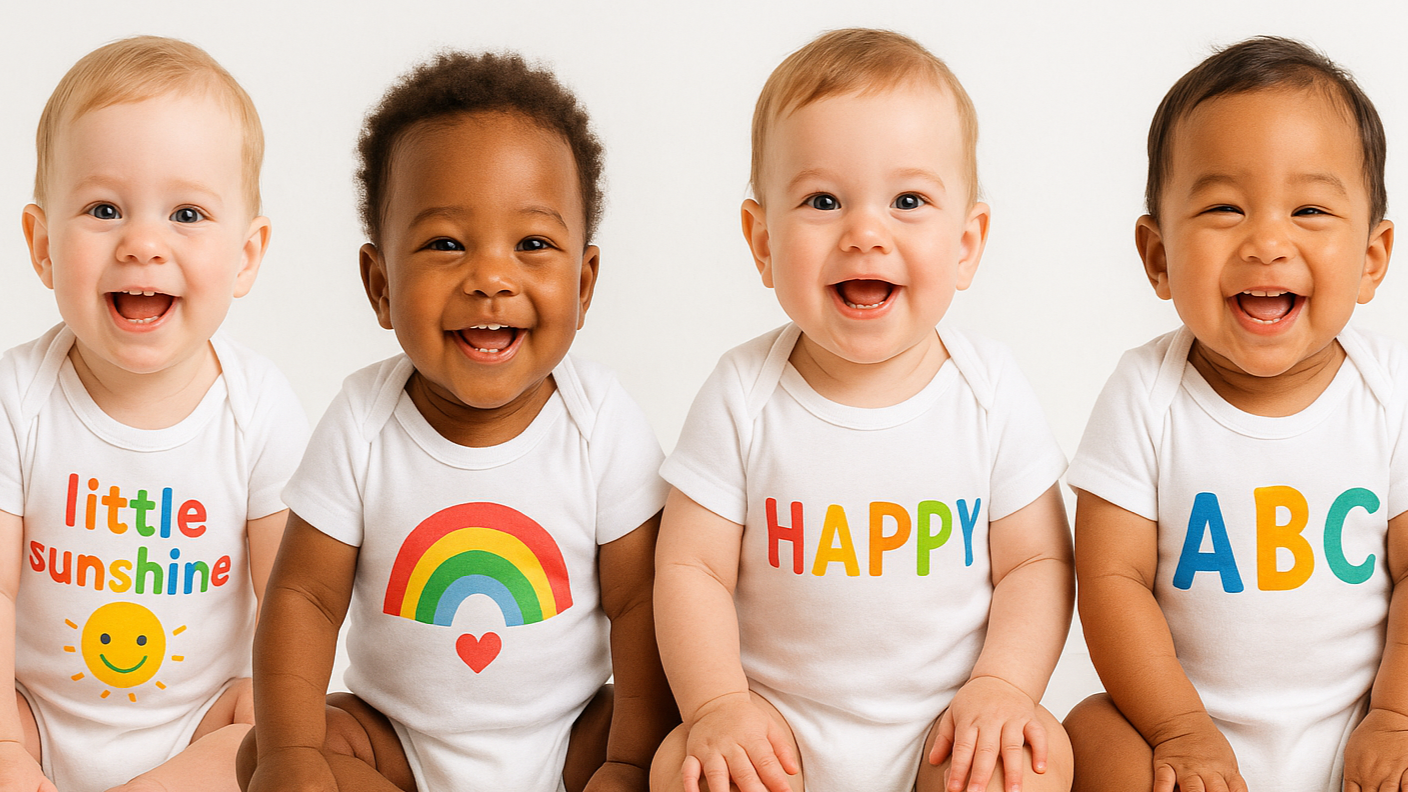 babies smiling in white bodies with colorful text on them. Wide so it fits a header. Background in the header should be white, babies should be white wearing white bodies